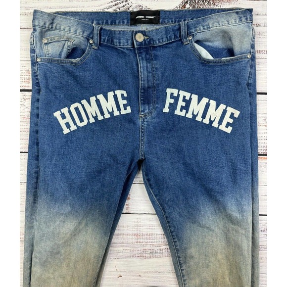 Homme Femme‎ Jeans Mens 42 Letterman Spell Out Distressed Slim Stretch - Picture 1 of 5
